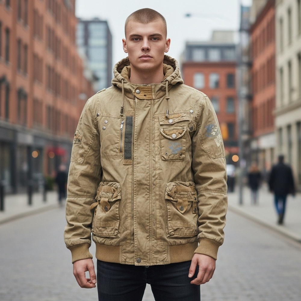 RARE Vintage Y2k T Stone Men's Khaki Canvas Hooded Utility Jacket Size M‎ NEW